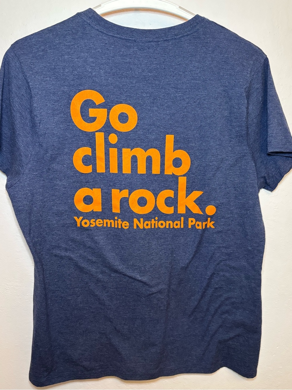 “Go Climb a Rock” Yosemite, Hanes Navy Blue Tee with orange text. Size YL. - Picture 3 of 5